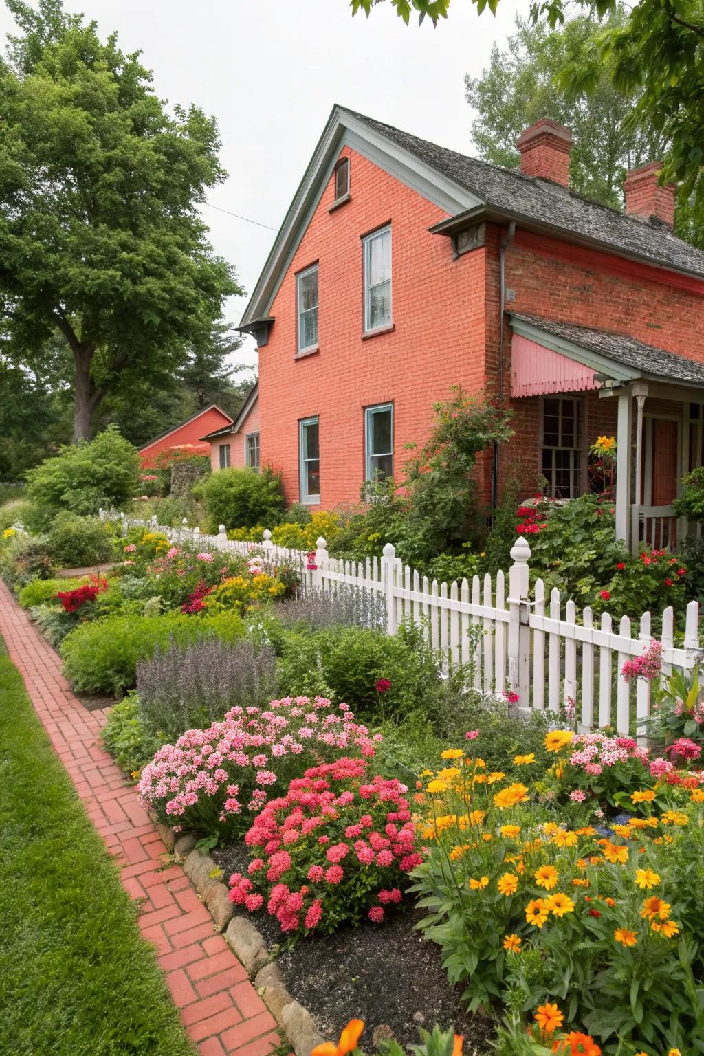 Coral painted brick adds vibrant charm and energy.