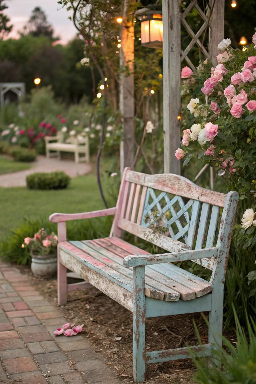 A shabby chic bench that exudes gentle elegance.