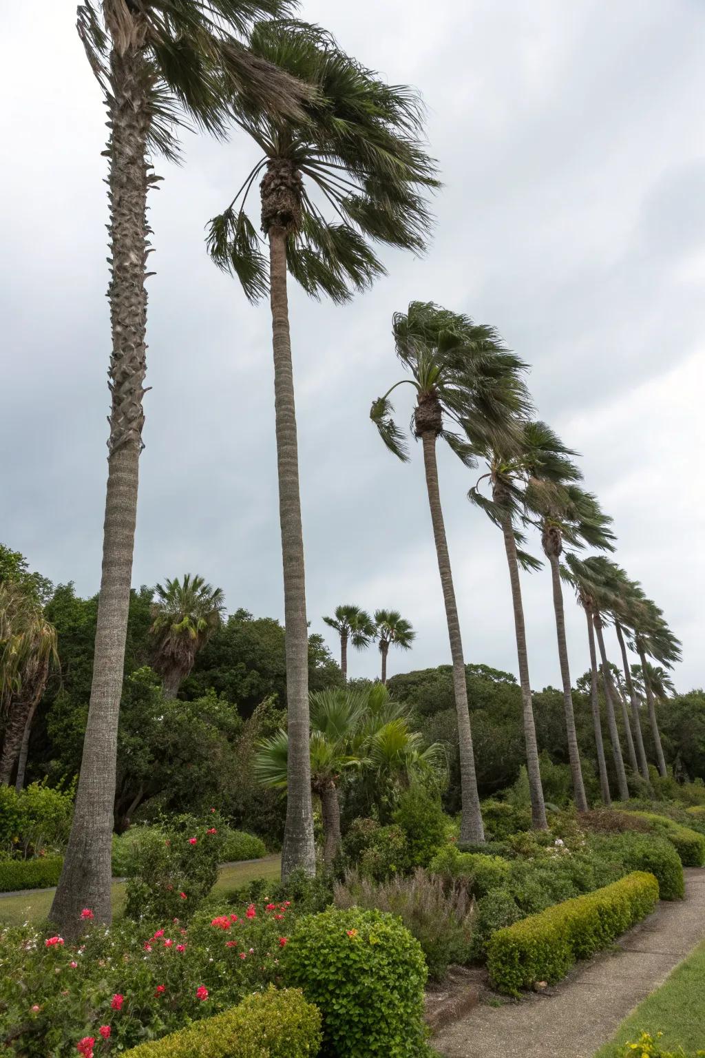Palm trees serve as effective windbreaks in the garden.