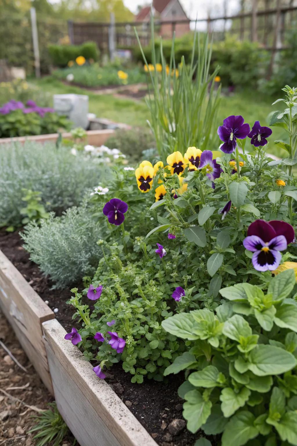 Pansies mixed with herbs for a fragrant and functional garden.