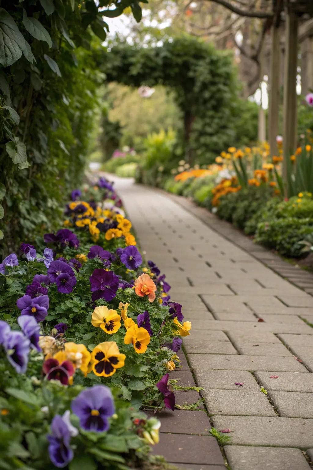 A garden walkway beautifully adorned with vibrant pansies.