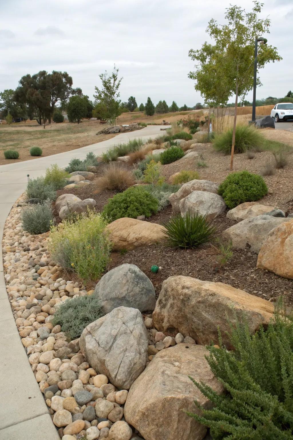 Rock gardens offer a striking and sustainable solution for your park strip.