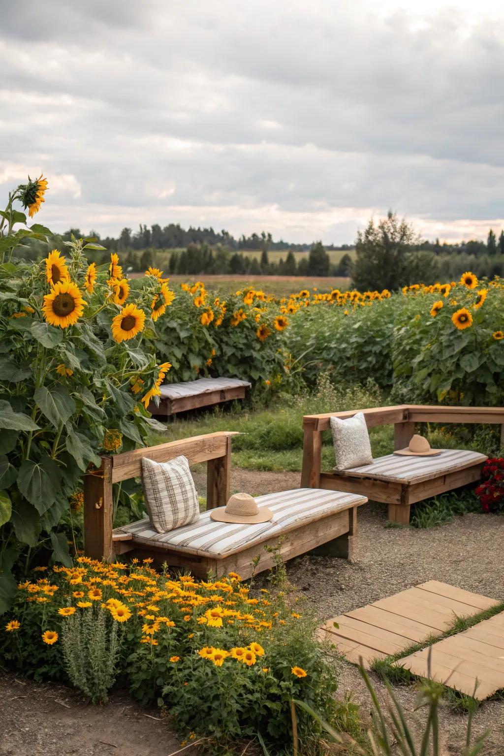 A cozy seating area invites relaxation amidst the blooms.