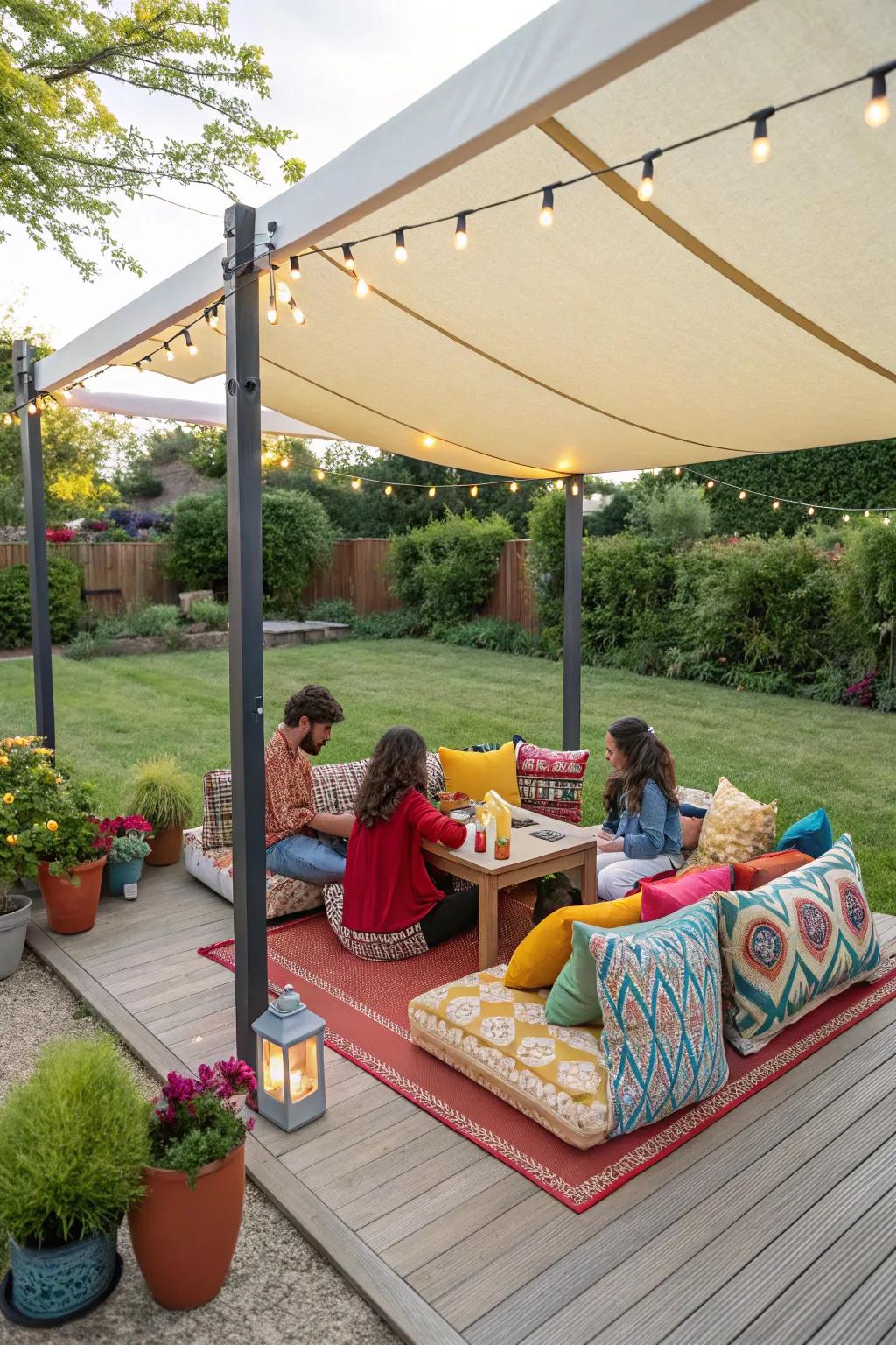 A canvas canopy provides adaptable shade and style.