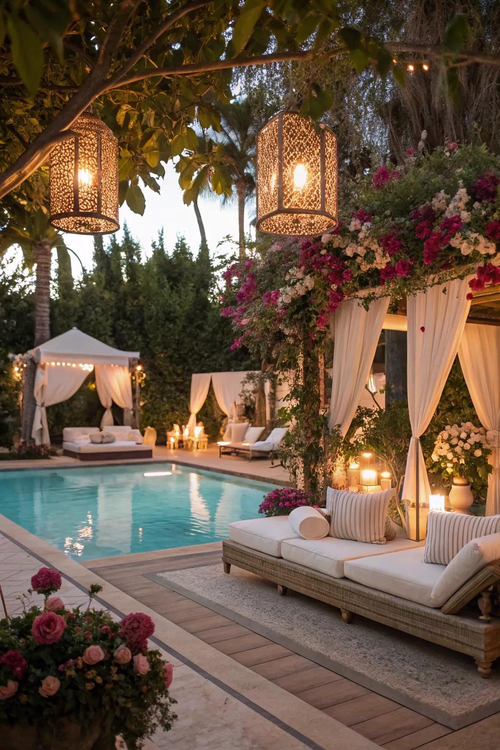 An elegant evening soiree transforms the poolside into a sophisticated retreat.