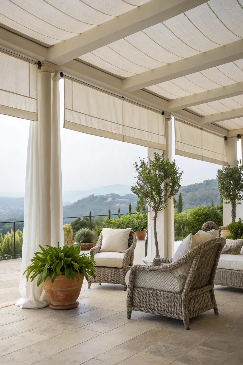 Linen blinds offer a natural, elegant touch to your patio.