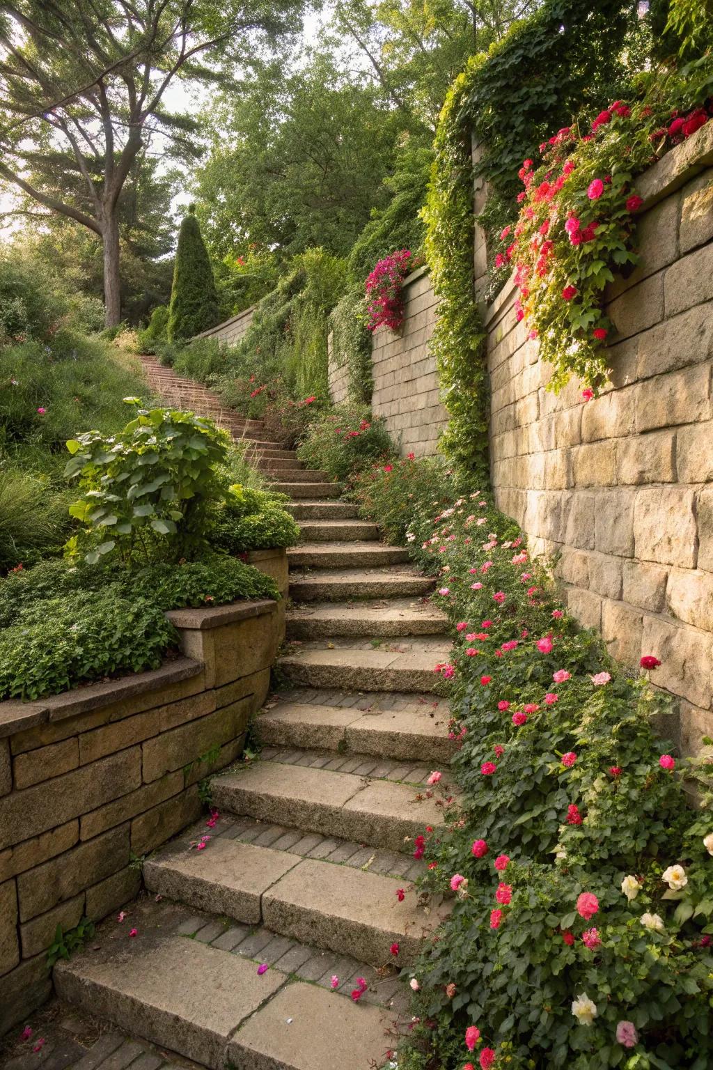 Dramatic stairway with block walls connecting garden levels.