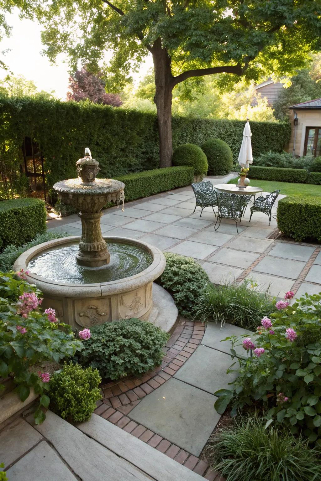 A patio featuring a small, elegant fountain.