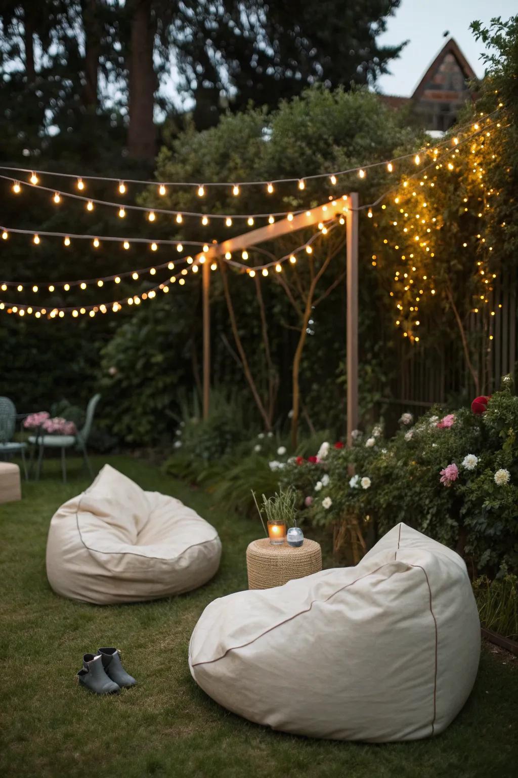 Comfortable oversized bean bag chairs providing a cozy and inviting outdoor retreat.