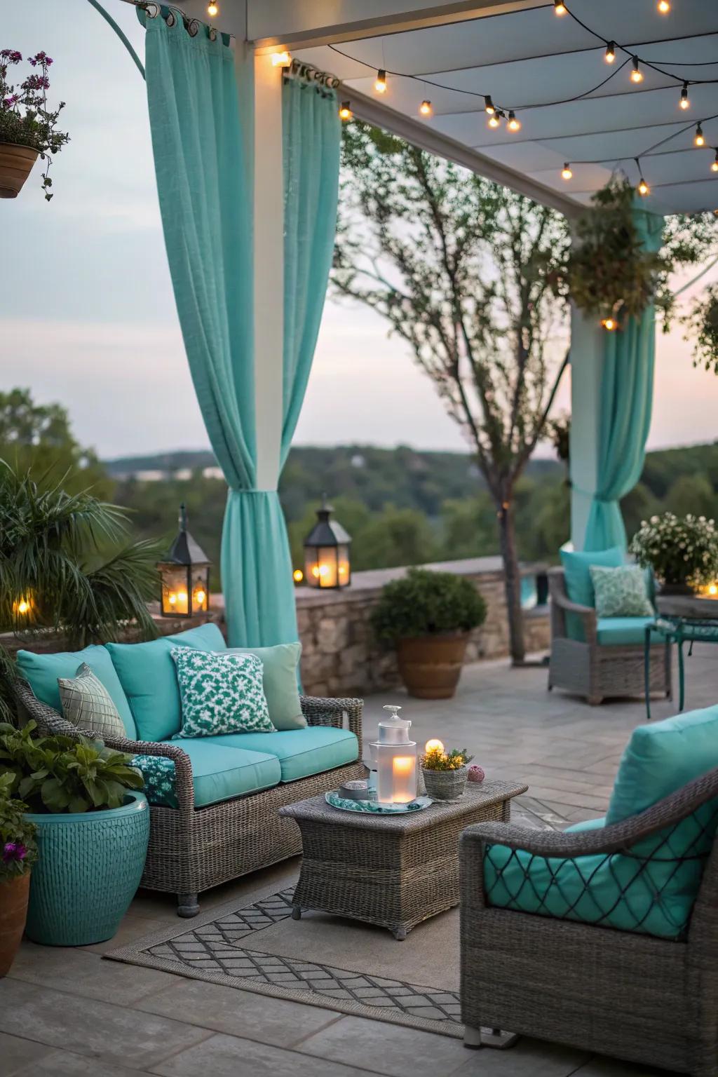 A serene patio featuring aqua and teal decor, evoking the tranquility of water and sky.