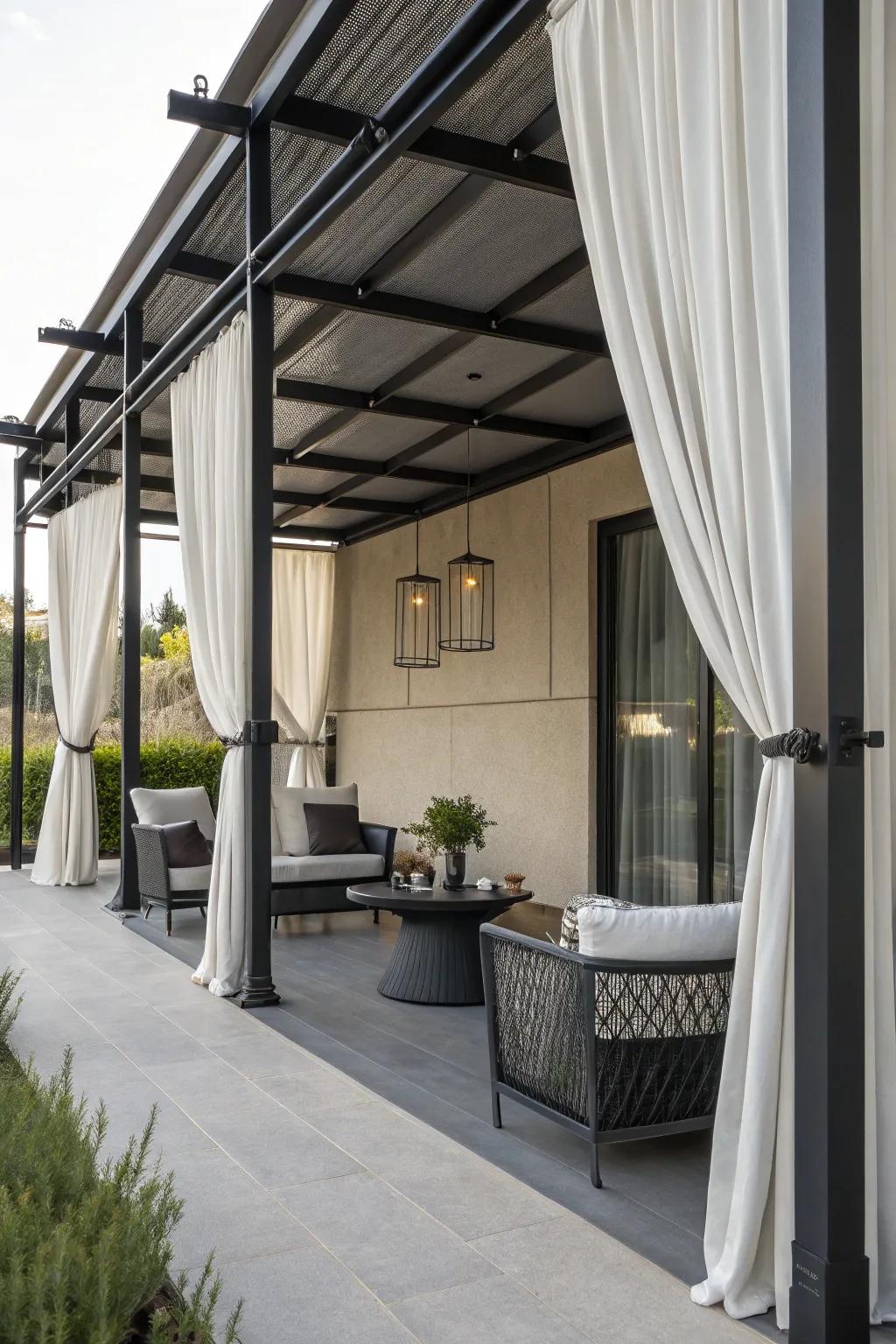 Industrial-style curtains add a modern edge to your patio.