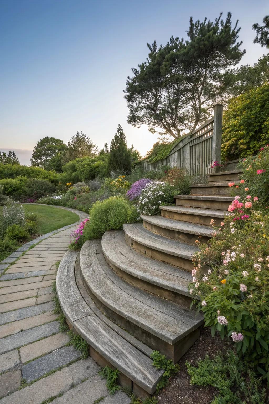 Curved steps create a harmonious transition to your garden.