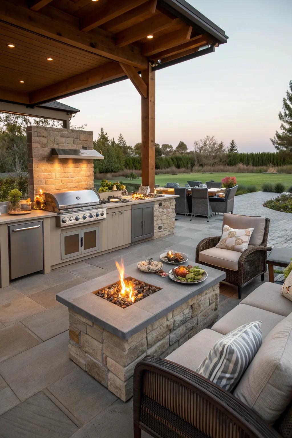 An outdoor kitchen next to a fire pit offers a complete entertaining space.