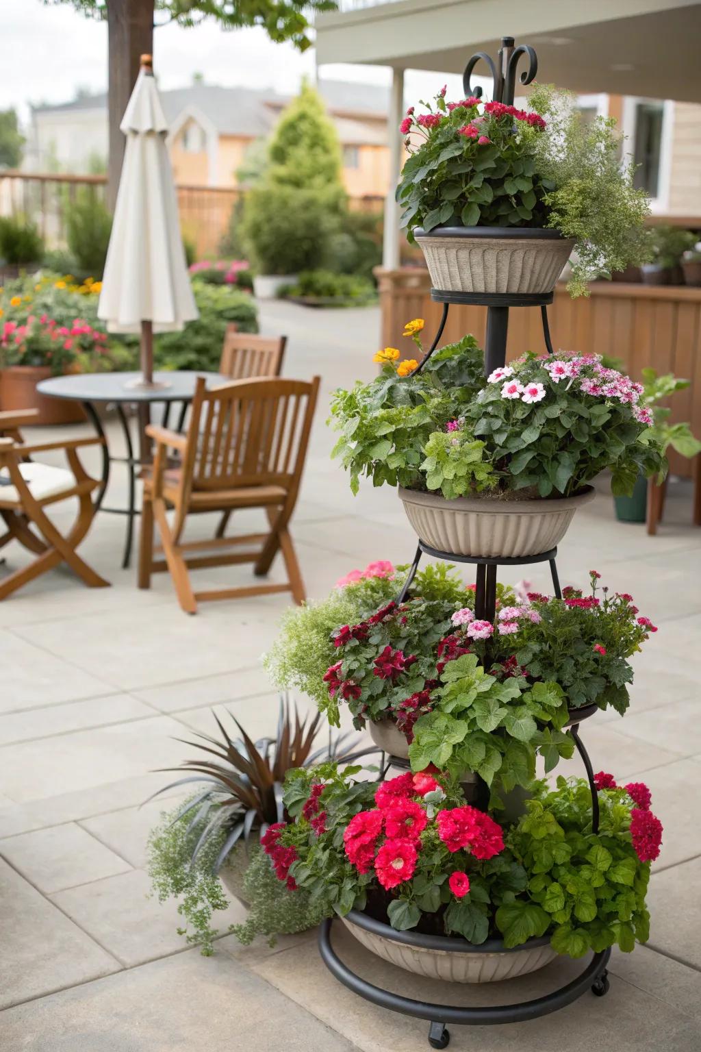 Multilevel plant display maximizing patio space.