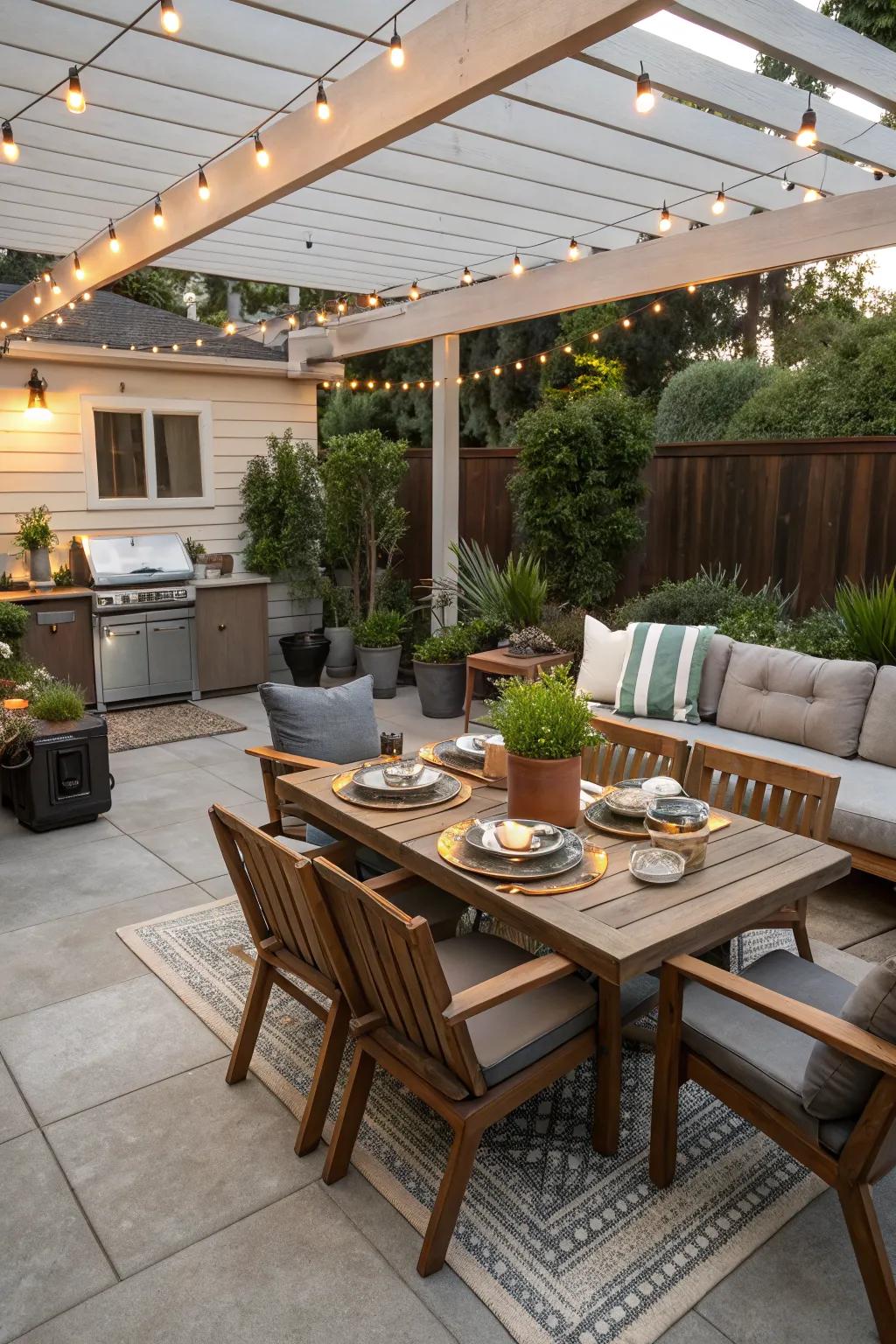 A well-organized patio with dedicated zones for various activities.