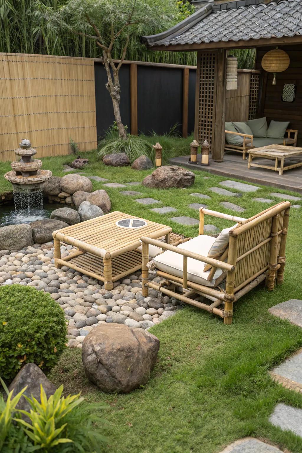 Create a serene Zen space with bamboo furniture.