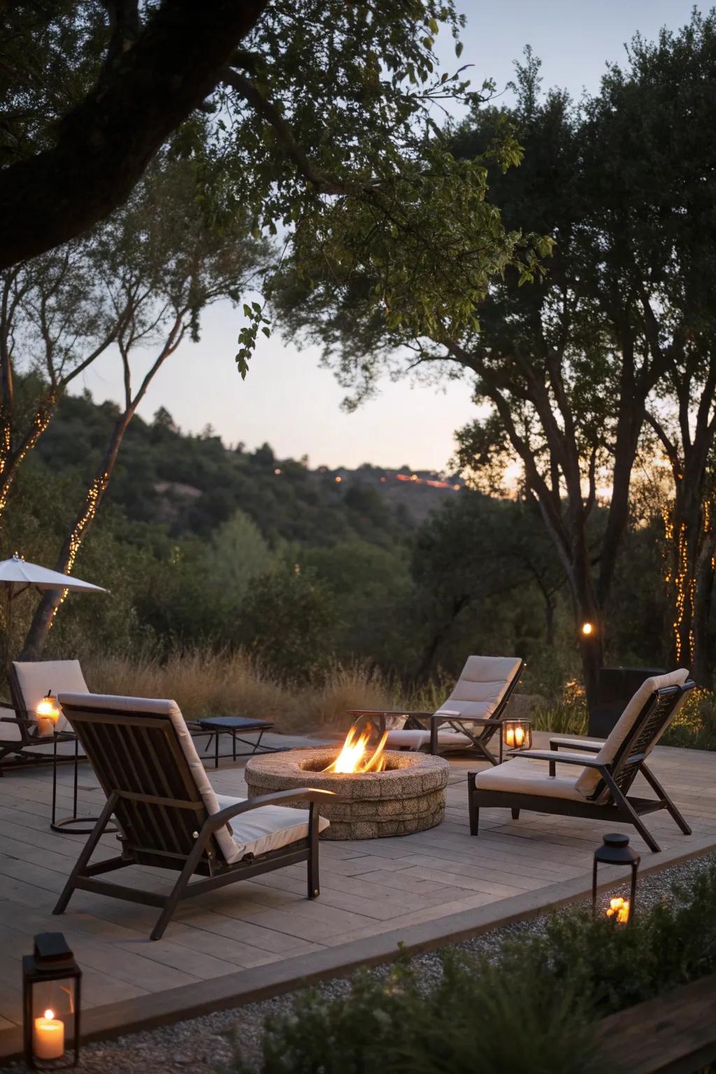 Outdoor loungers provide a luxurious touch to a fire pit area.