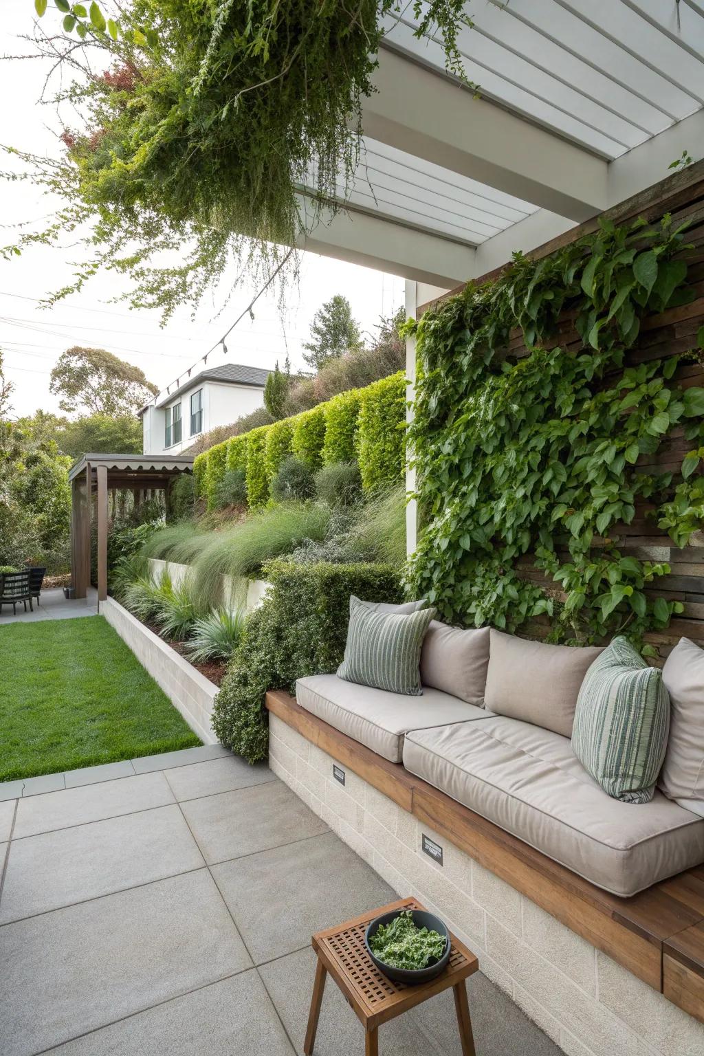 Retaining walls that serve multiple functions on the patio.