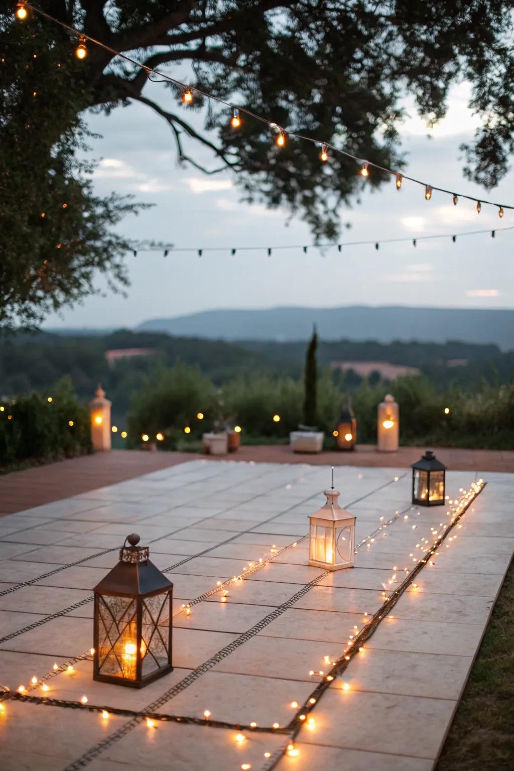 Magical evening lighting on a cozy patio.