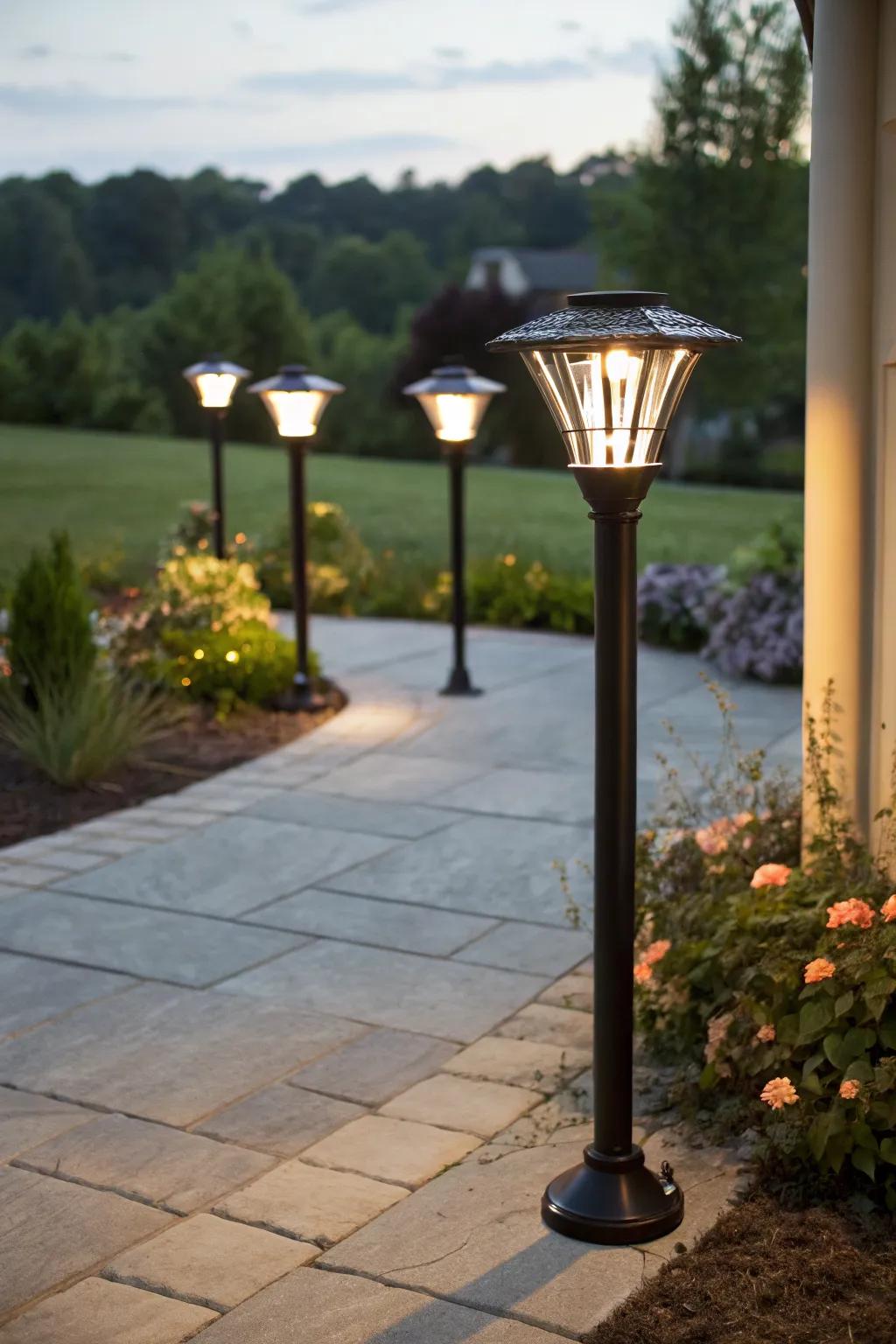 Solar-powered poles provide sustainable lighting solutions.