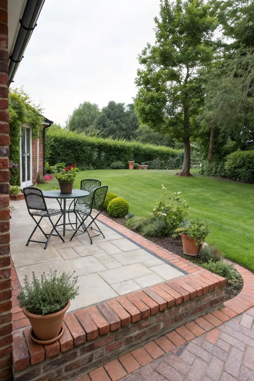 Brick edging provides a clean transition.