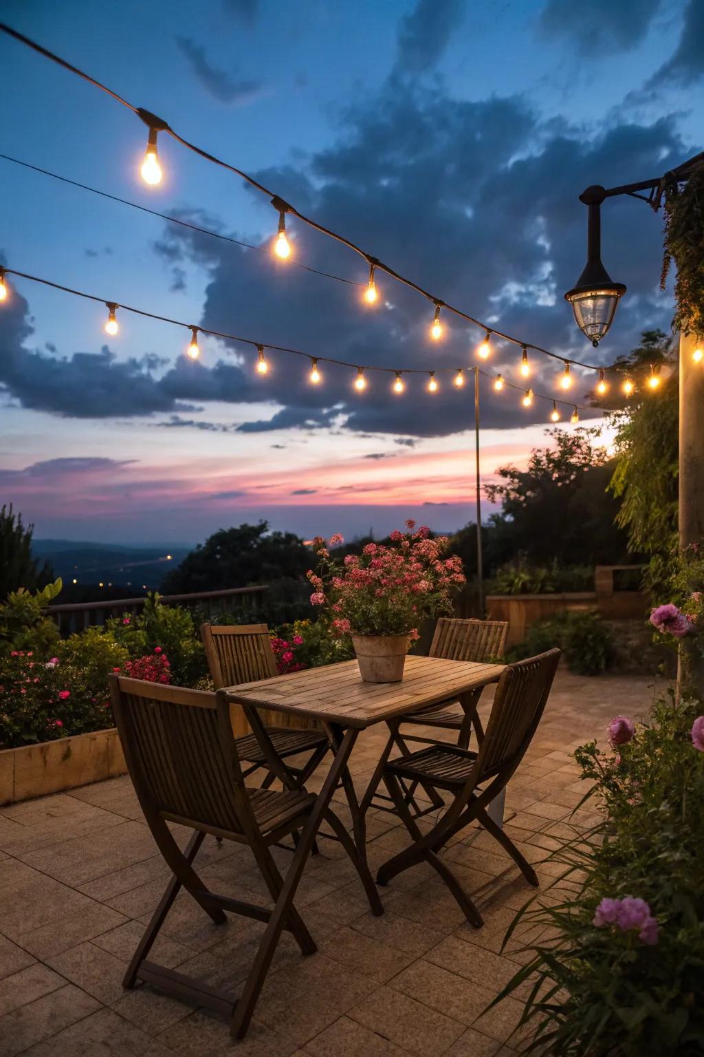 String lights add ambiance and charm to a patio.