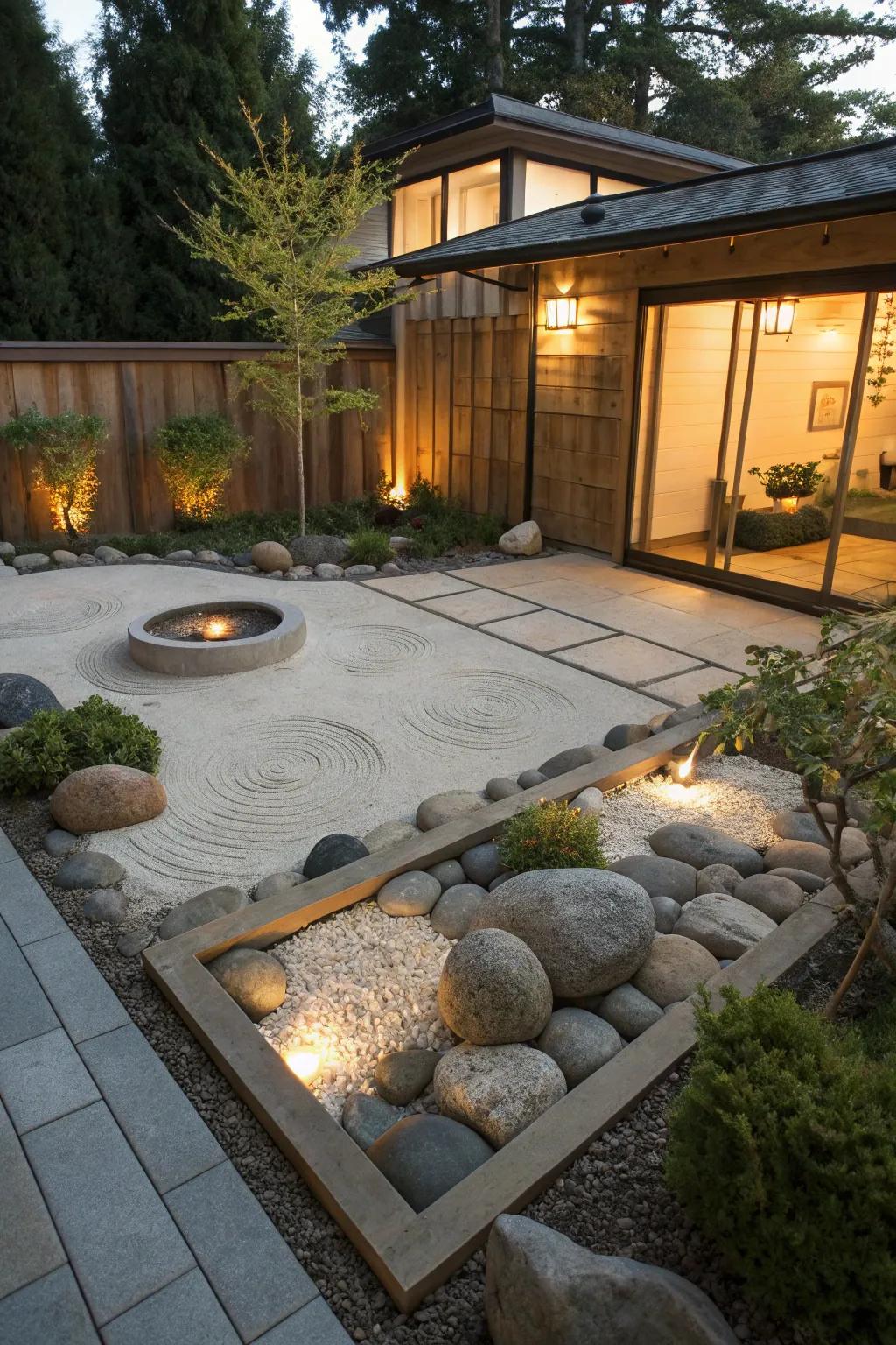 Zen garden elements bring tranquility and style.