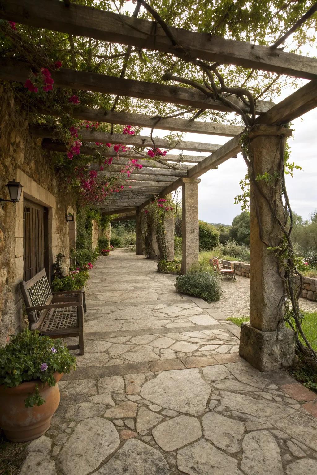 Natural stone flooring grounds your pergola in earthy elegance.