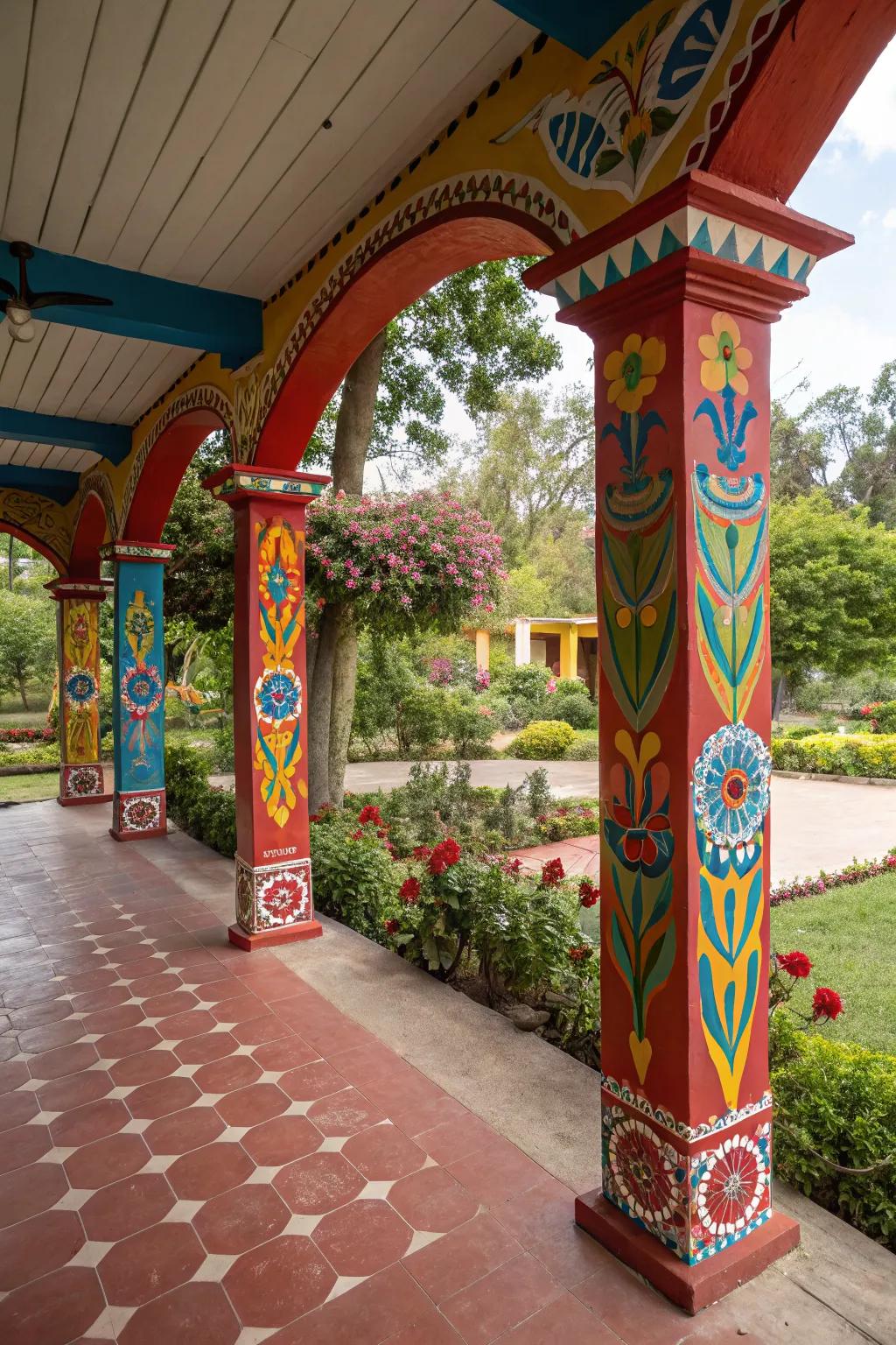 Painted pillars add a splash of color and personality.