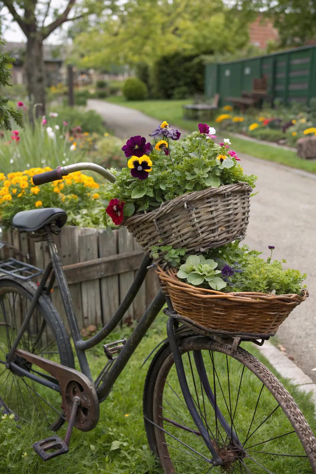 Repurpose creatively with a bicycle planter.