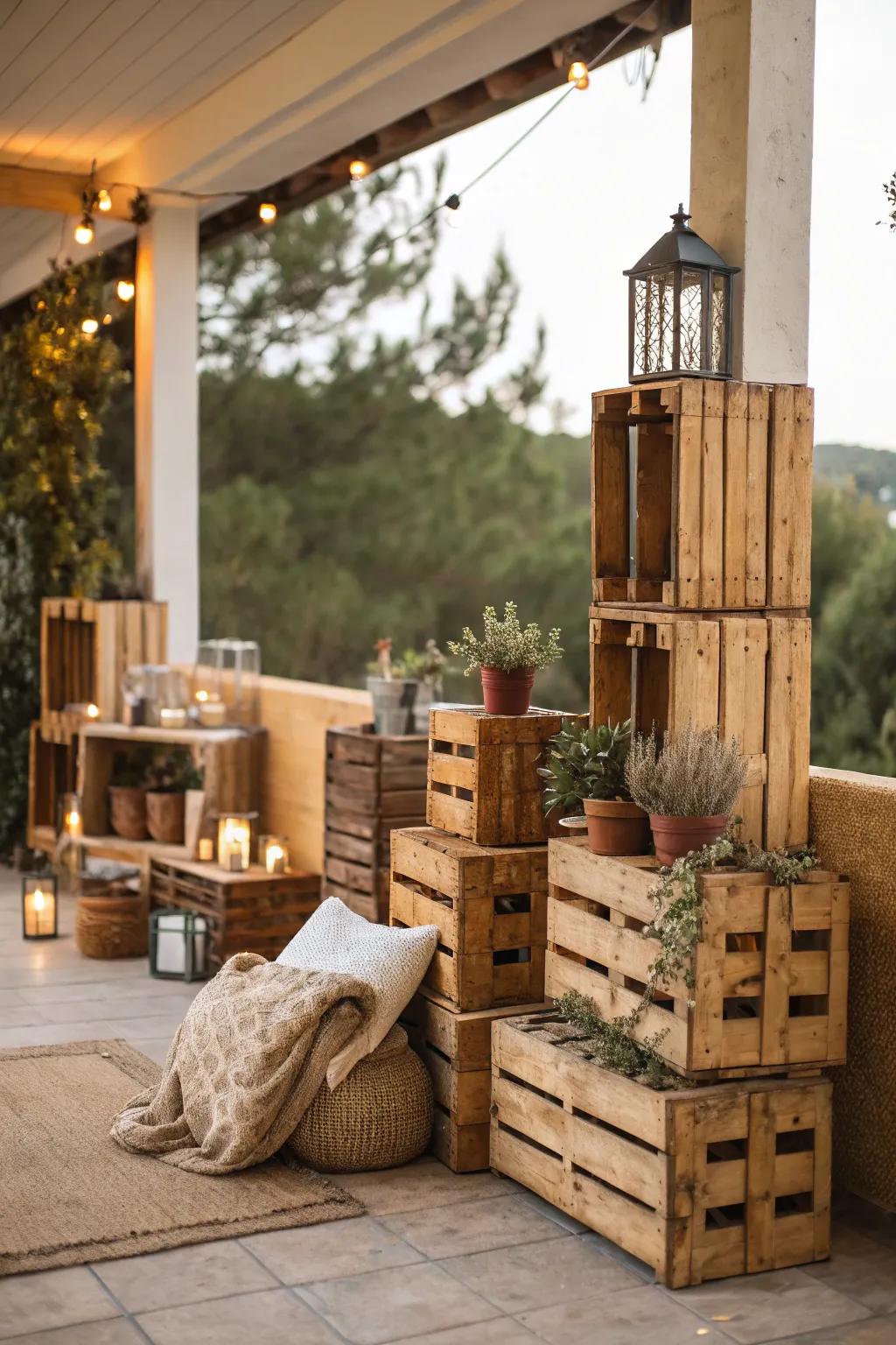 Wooden crates offer a creative and rustic privacy solution.