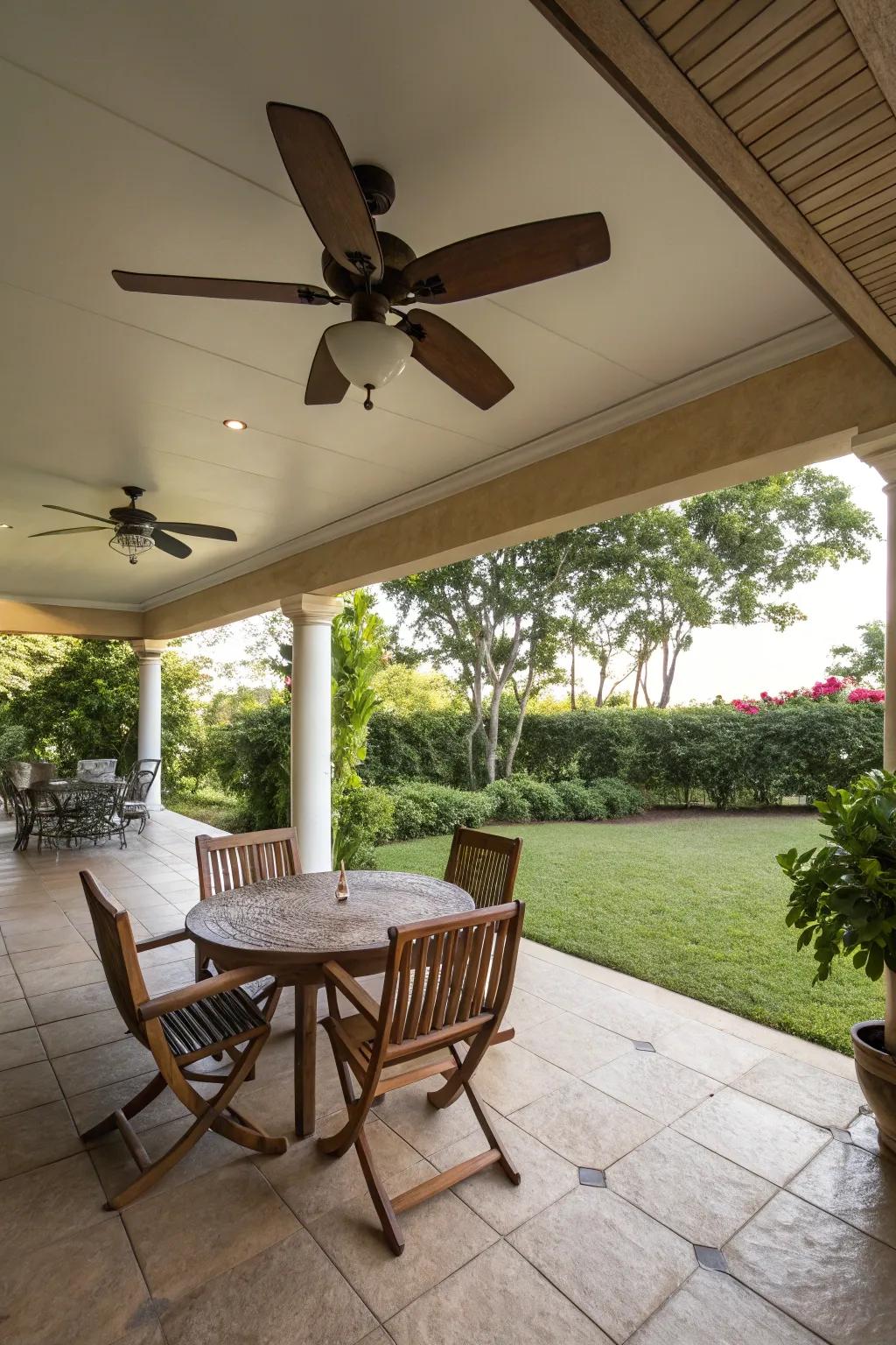 Ceiling fans keep a patio cool and breezy.