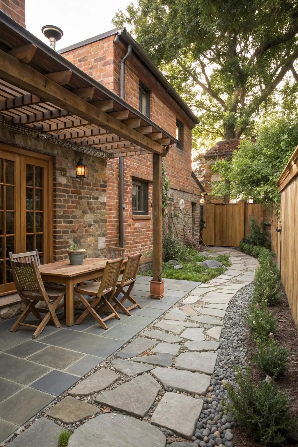 Mixed materials add depth and interest to patio spaces.