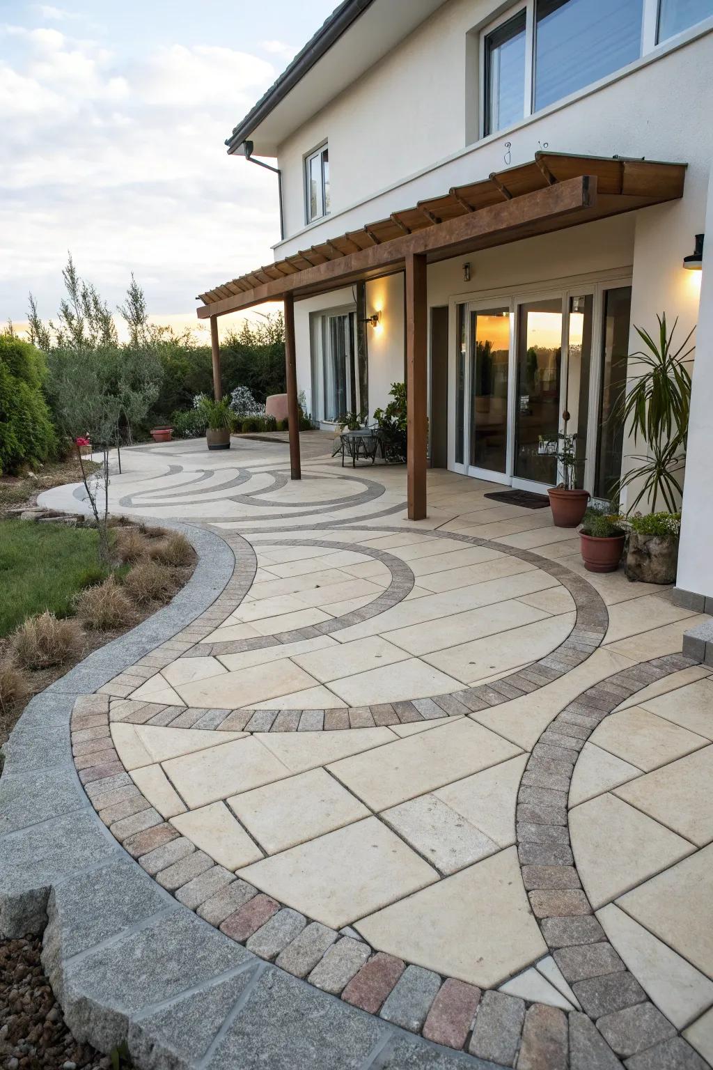 Curved designs create a soft, inviting patio layout.