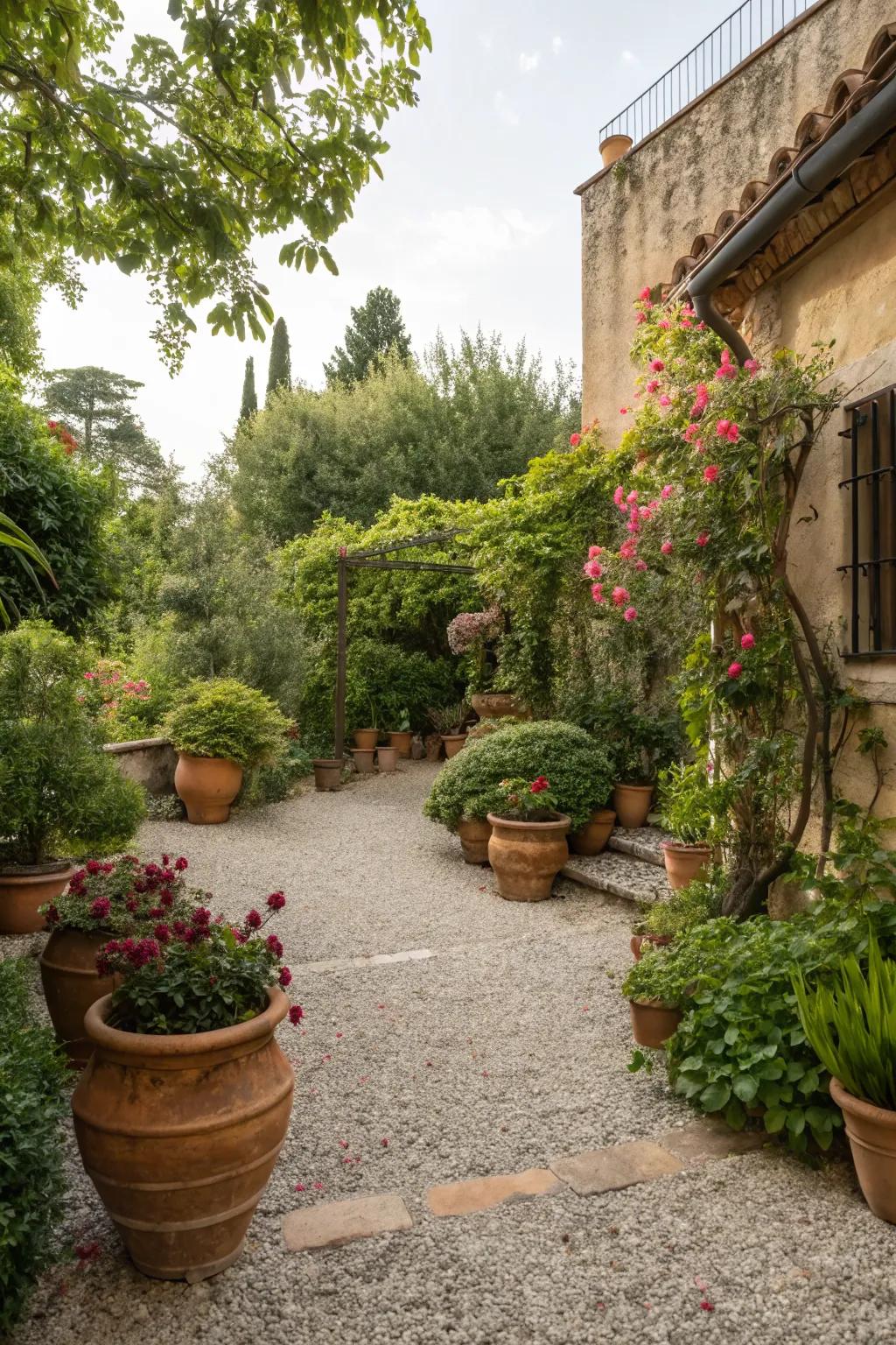 A Mediterranean escape with terracotta and lush plants.
