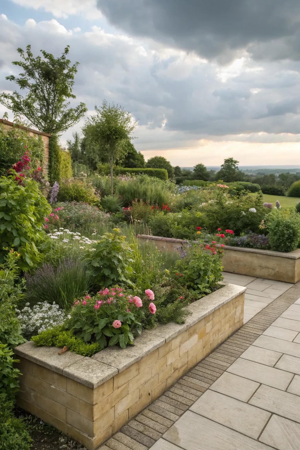 Innovative paver edging with integrated planters.
