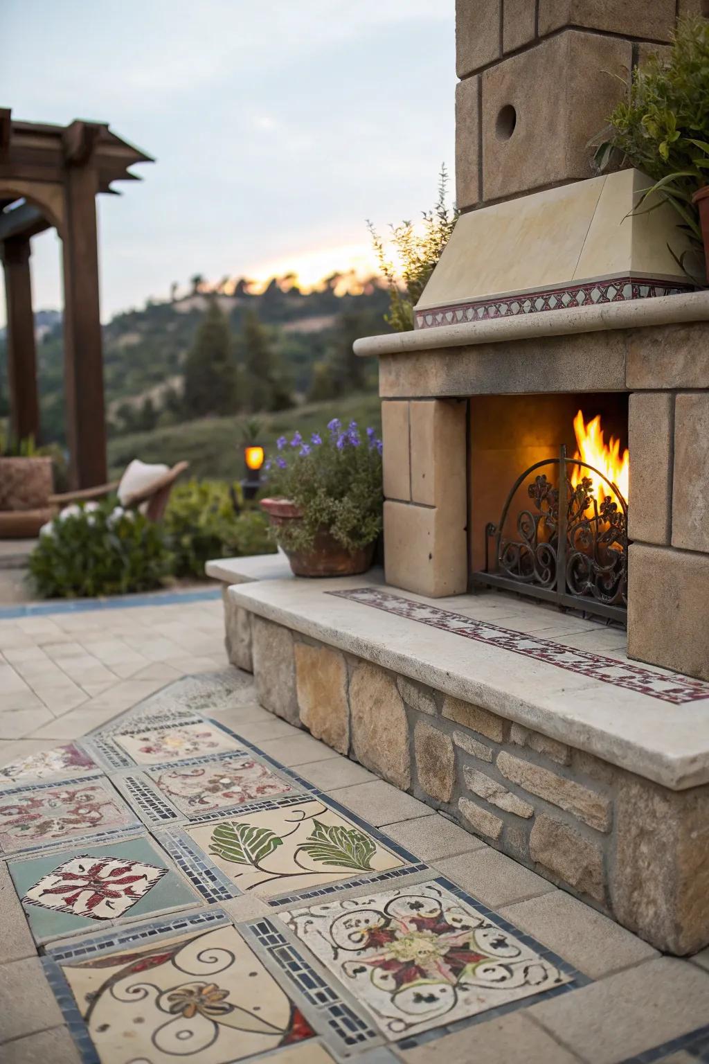 A personalized fireplace with custom tile inlays, adding artistry to the patio.