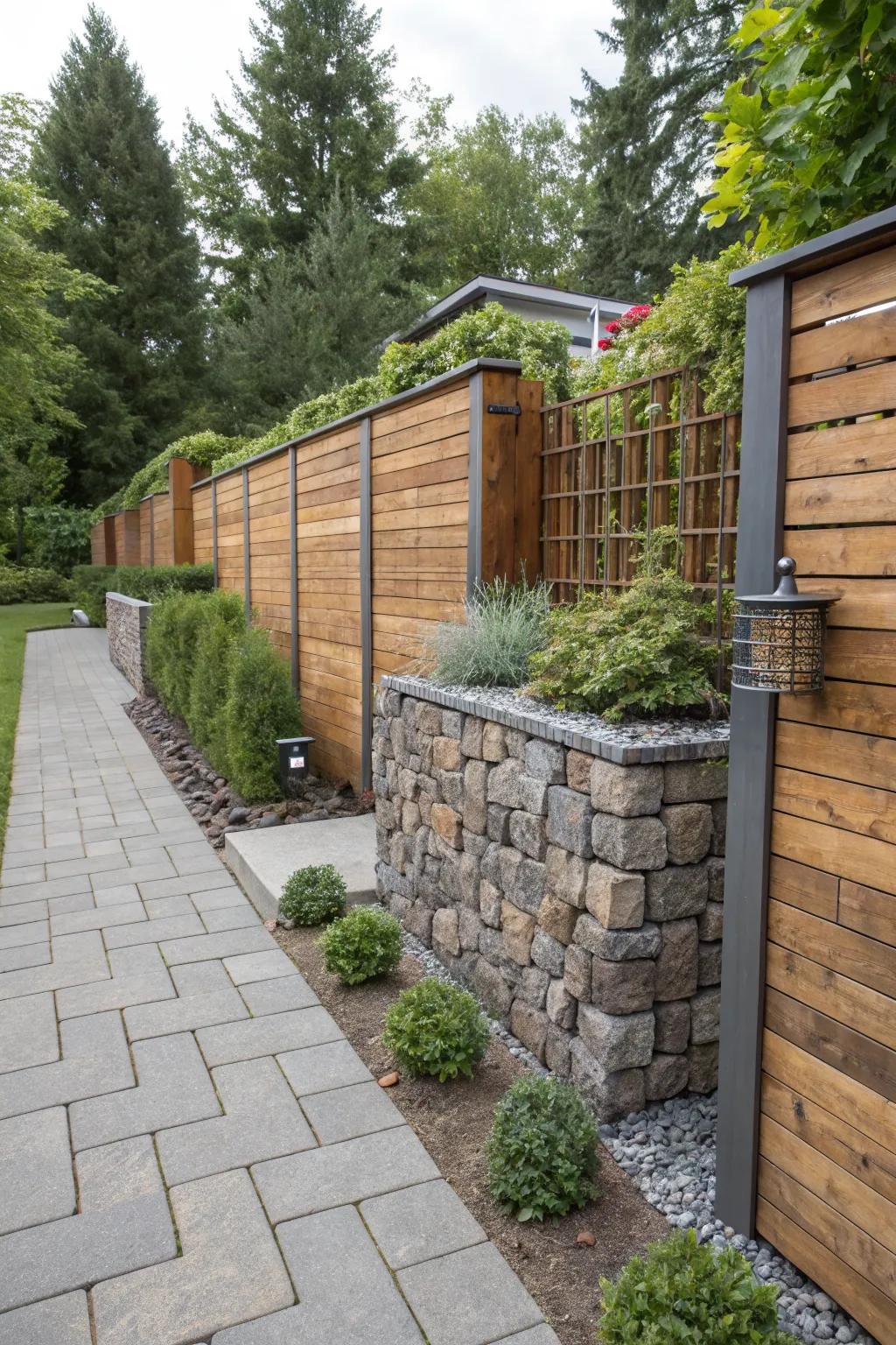 A dynamic mix of materials in a garden wall.
