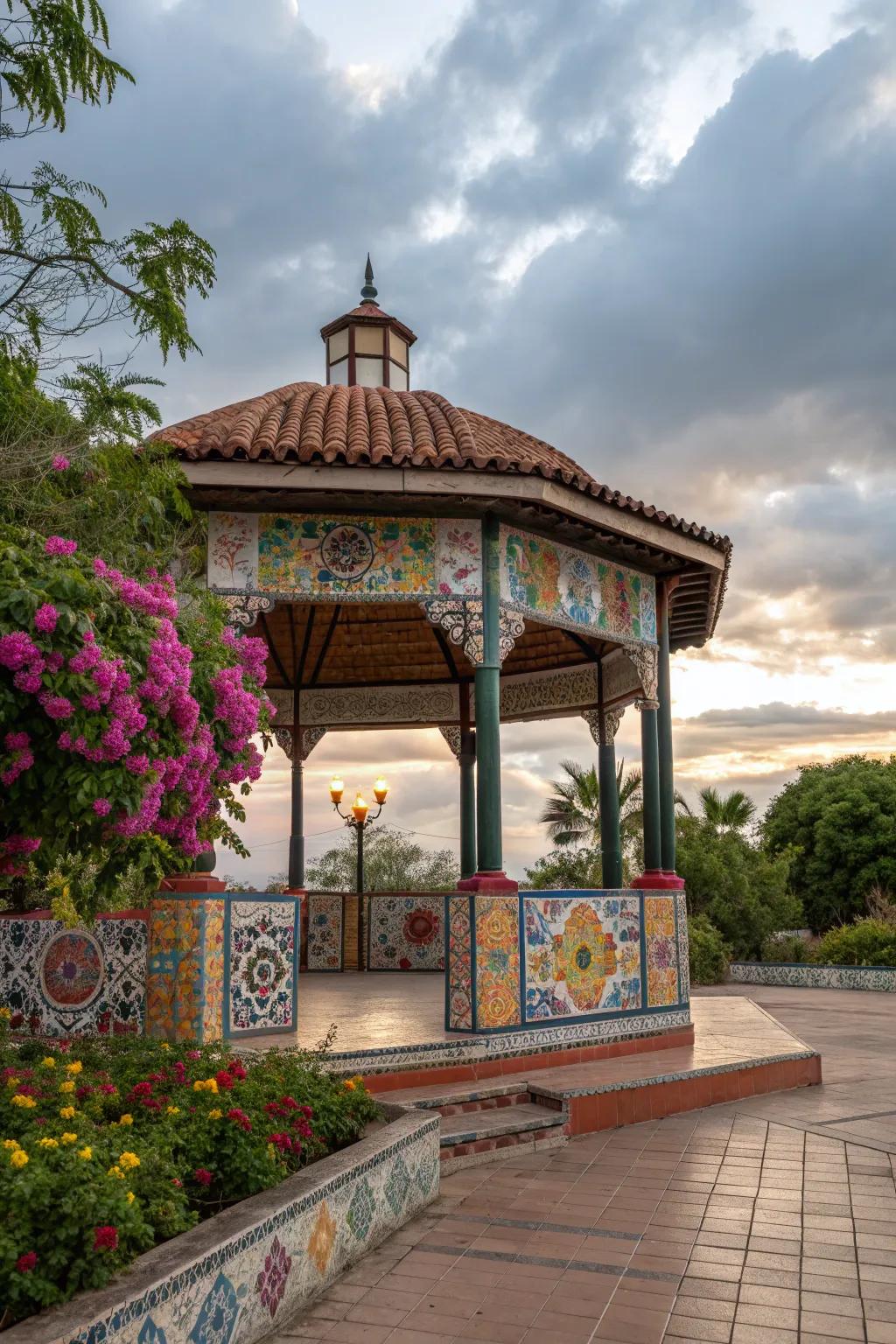 Colorful tiled walls adding vibrant personality to a pavilion.