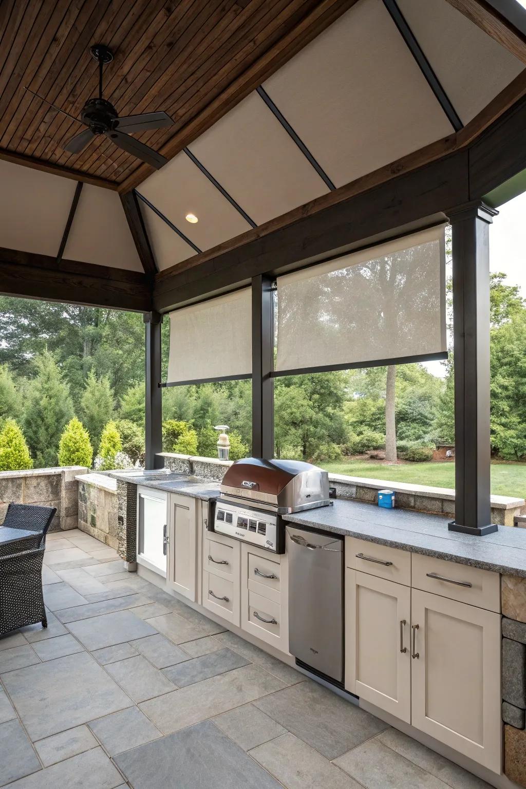 A pavilion designed for all-weather comfort with retractable screens.