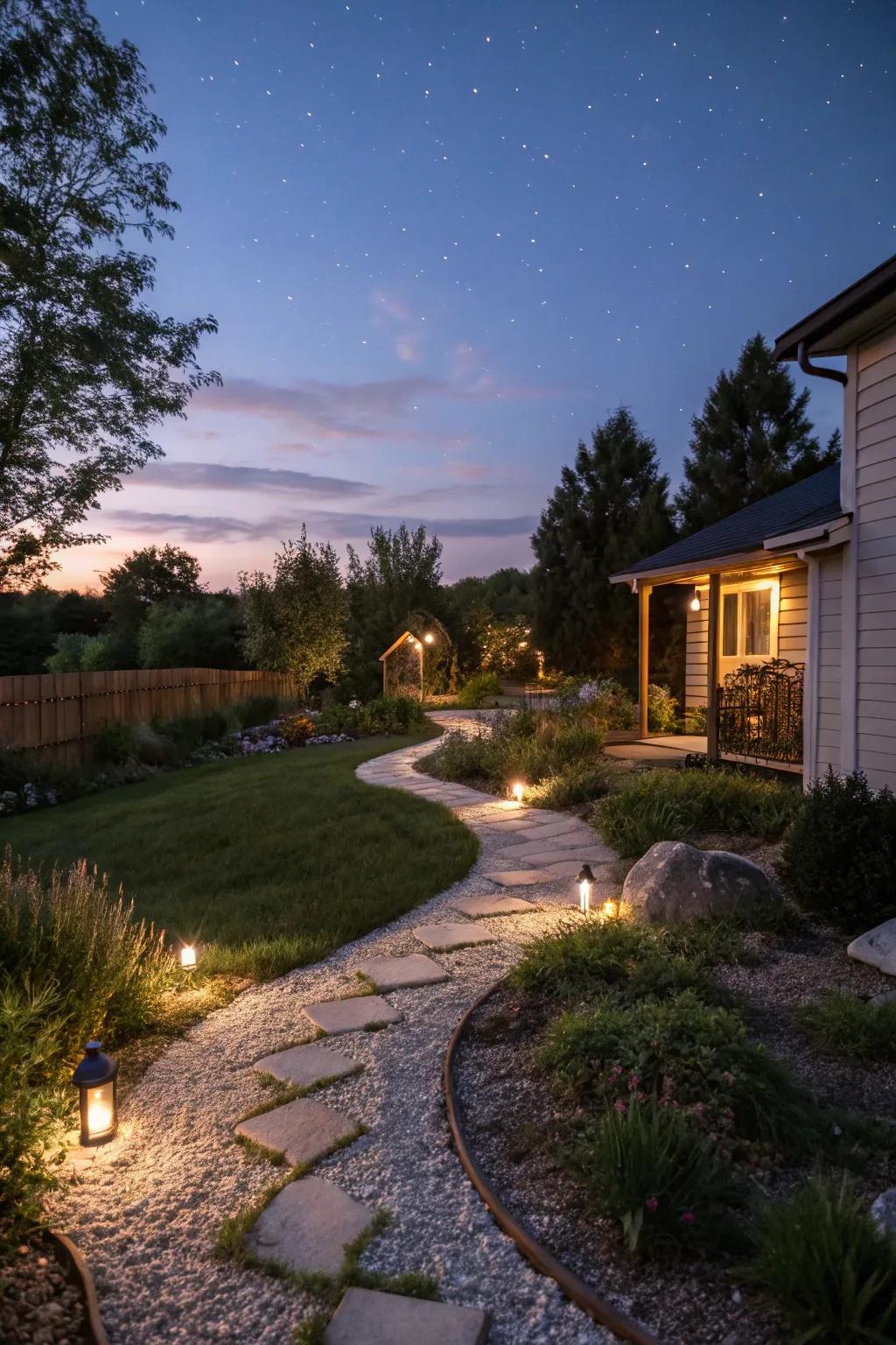 Solar lighting enhances pea gravel paths with a warm glow.
