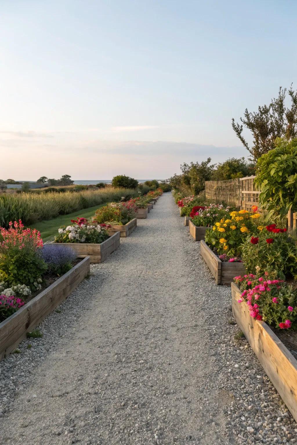 A pea gravel driveway lined with colorful raised plant beds.