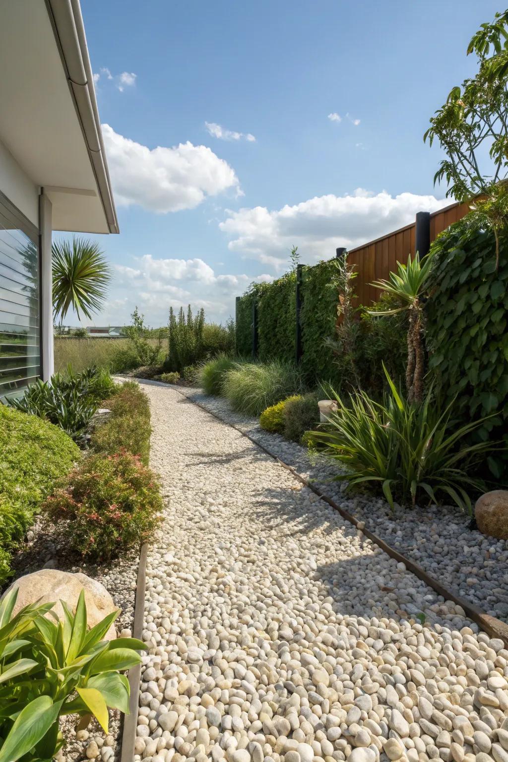 A pebble lawn offers a modern, low-maintenance alternative to grass.