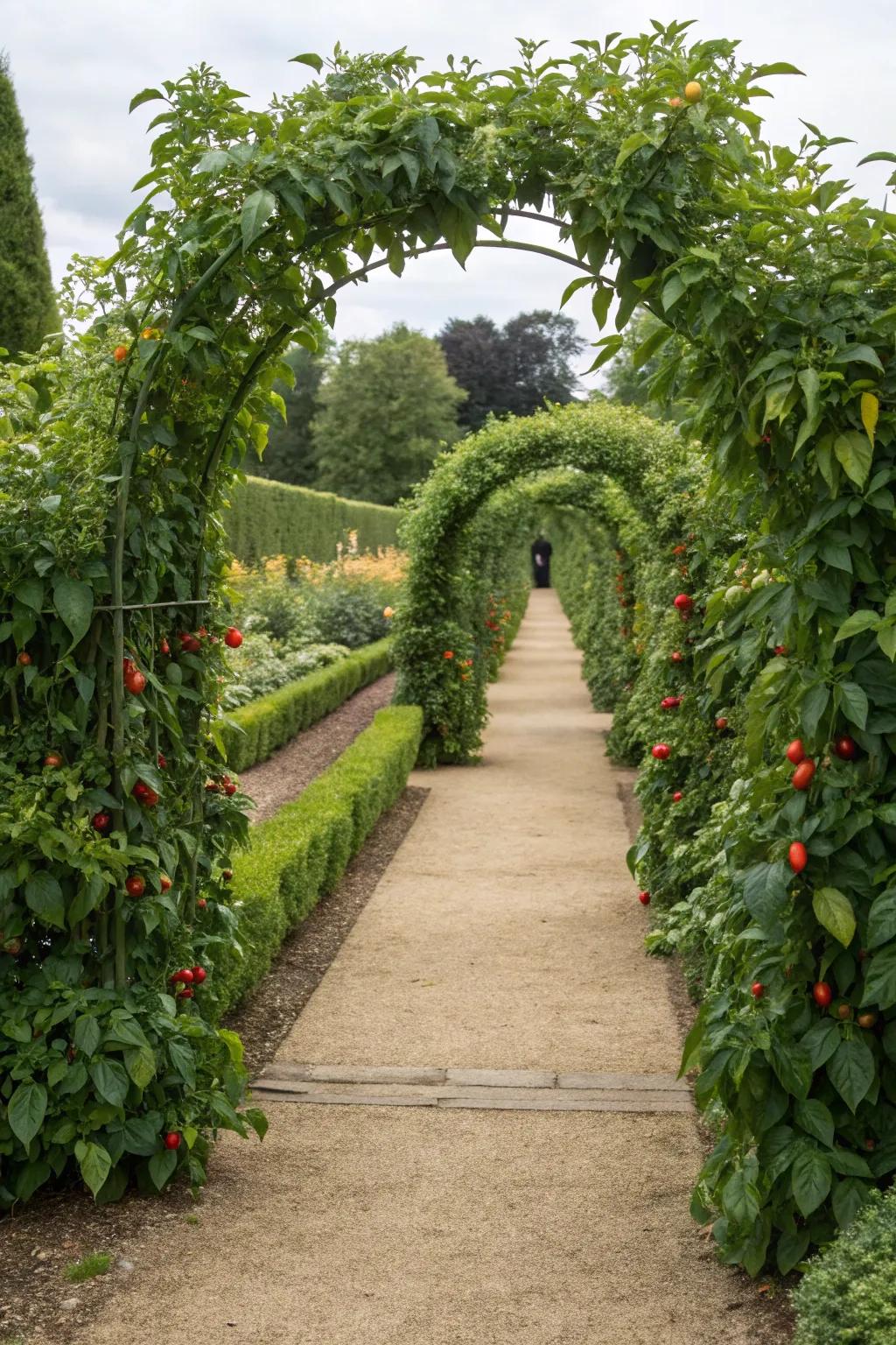 A majestic walkway lined with lush pepper plants, welcoming all who enter.
