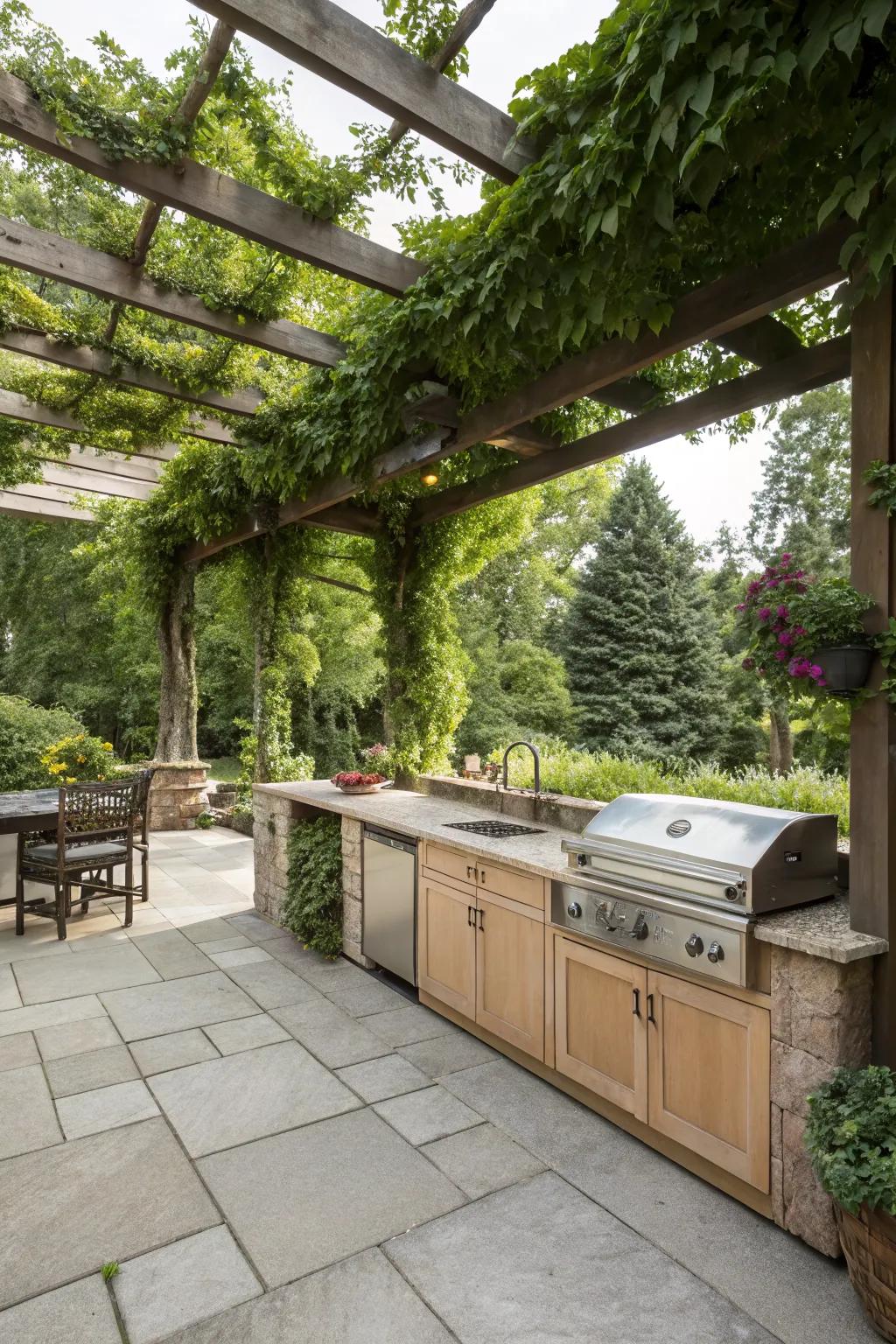An outdoor kitchen transforming a pergola into a dining haven