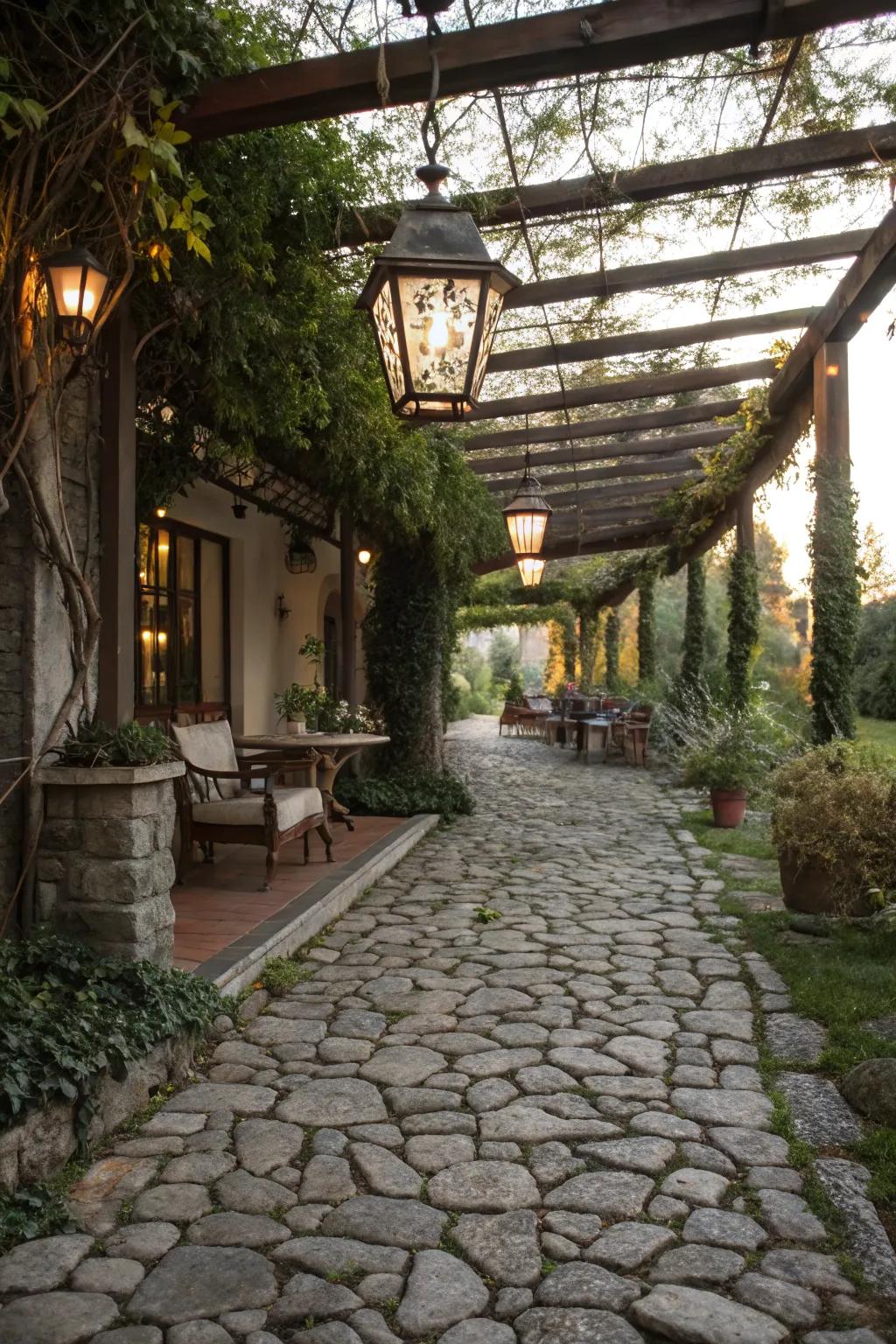 Cobblestones introduce vintage charm and texture to pergola floors.