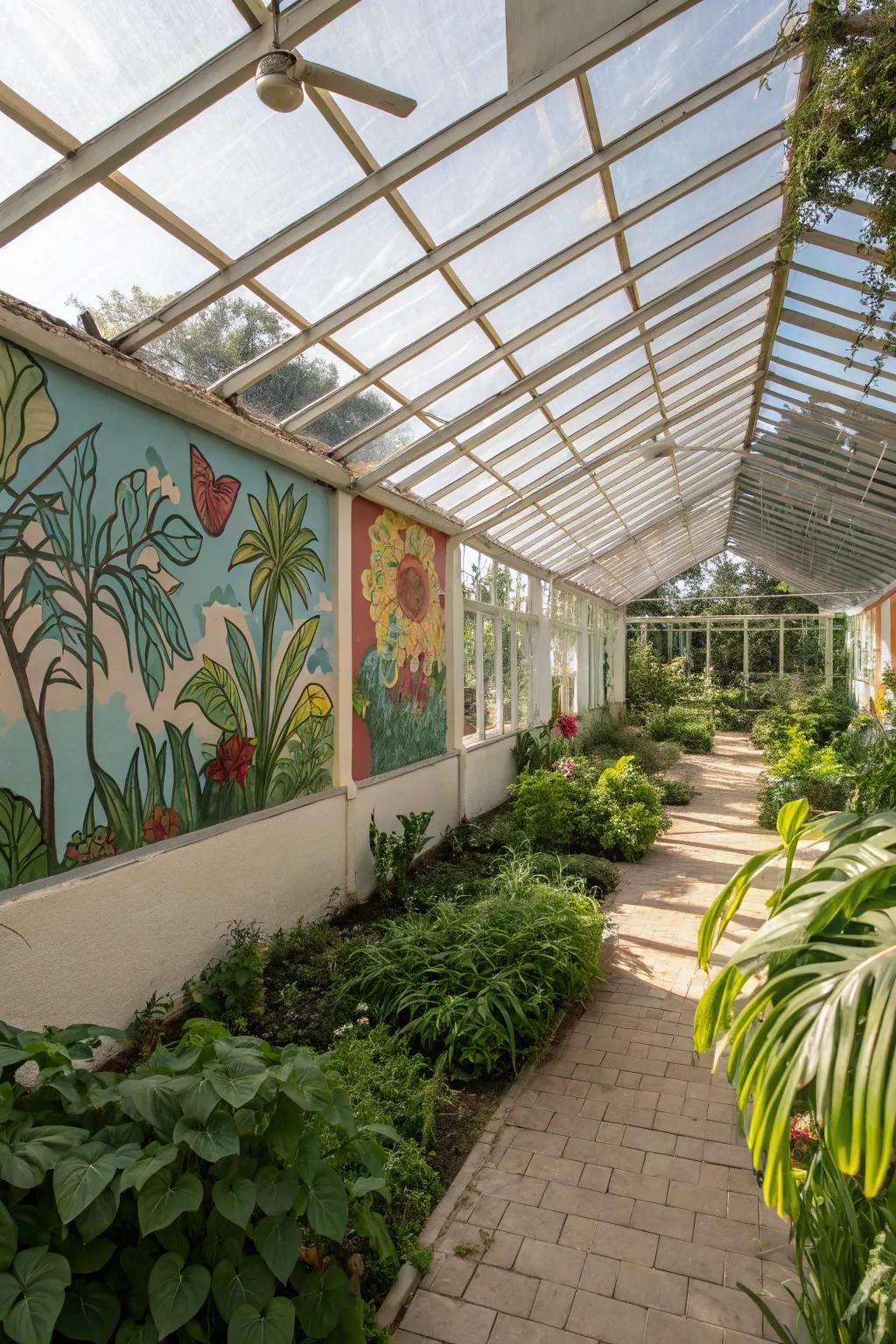 Artistic wall murals adding personality inside a pergola greenhouse.