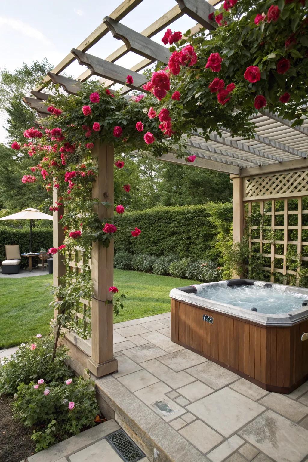 A pergola with trellis panels offering shade and elegance over a hot tub.
