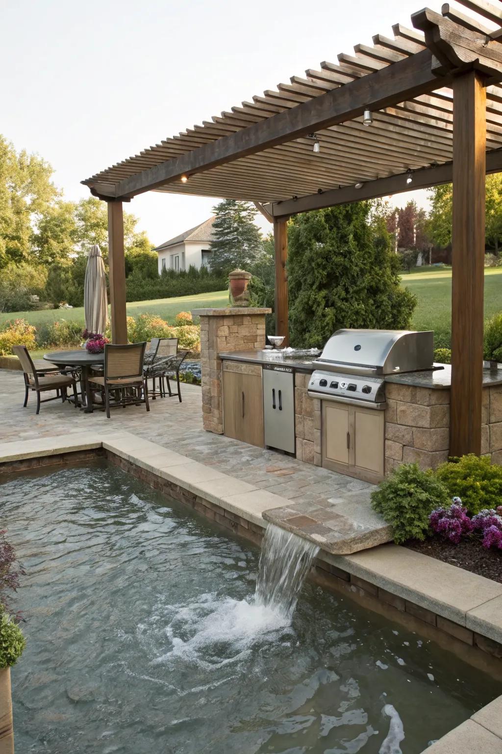 A water feature adds tranquility to your pergola area.