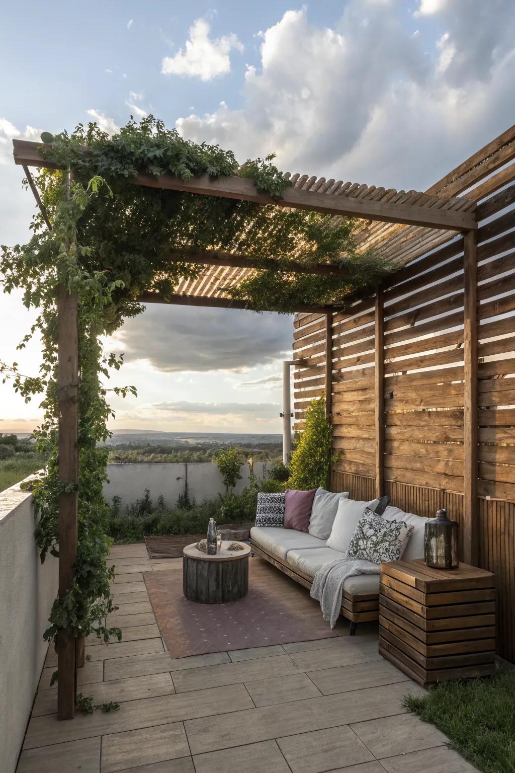 Rustic wooden slats add charm and partial privacy.